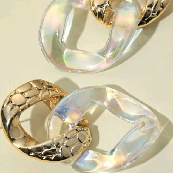 Gold Statement Hoop Earrings Chunky Clear Resin Chain Link Oversized 💖 - Picture 4 of 12